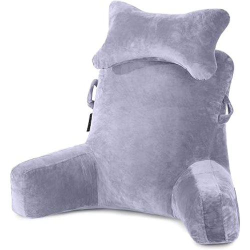 SLIGUY Reading Pillow-Bed Rest Pillow with Detachable Neck Roll & Support Arm for Sitting in Bed Couch or Floor-Backrest Reading Pillow Adult Back Pillow for Reading/Watching TV/Gaming/Relaxing,Grey