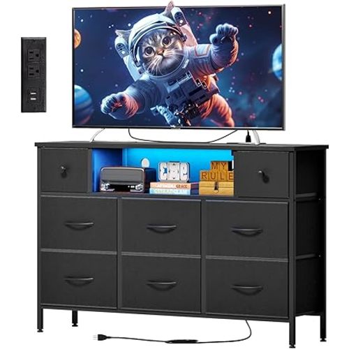 Fixwal Dresser for Bedroom with Power Outlets and LED Lights, Black 55" TV Stand with 8 Drawers, Fabric Chest of Drawers with PU Finish for Living Room, Entryway