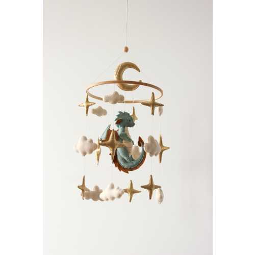 Dragon Baby Mobile, Fantasy Crib Mobile with Moon and Stars, Felt Dragon Nursery Decor, Celestial Baby Mobile