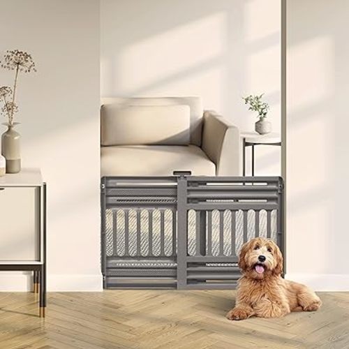 IRIS USA 24"-39" Portable Expandable Pet Gate, Adjustable Pet Barrier for Puppy Small Dog Fits Most Doorways Easy Twist-to-Lock Feature Heavy-Duty Molded Plastic 25" Tall, Gray