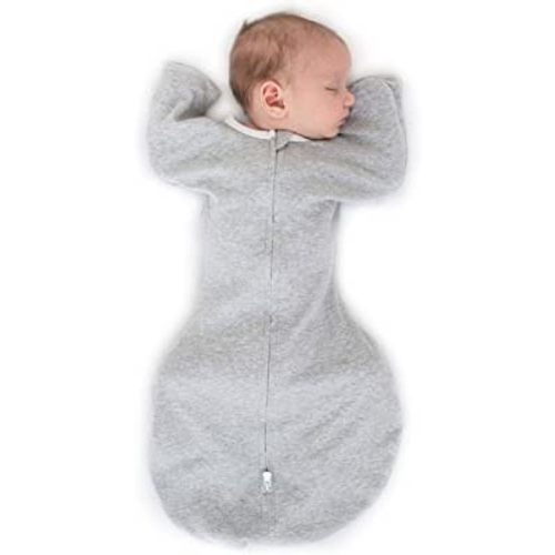 SwaddleDesigns Transitional Swaddle Sack with Arms Up Half-Length Sleeves and Mitten Cuffs, Heathered Gray with Polka Dot Trim, Medium, 3-6 Mo, 14-21 lbs (Better Sleep, Easy Swaddle Transition)