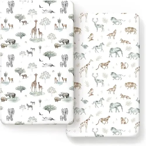 Stretch Ultra Soft Jersey Knit Fitted Crib Sheets Set 2 Pack，Fit All Standard Crib Mattress Pads Safe and Snug, Crib Fitted Sheet for Baby, Stylish African Savannah Animals Pattern