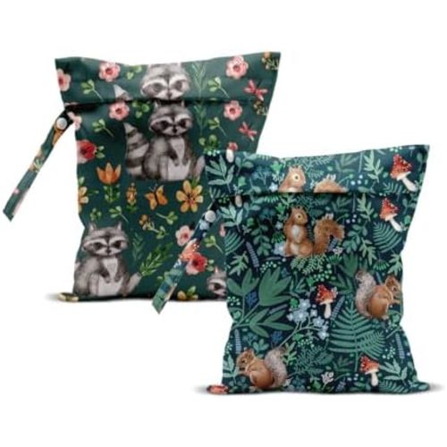 2Pcs Squirrel Wet Bag 12x10 Inch, Plants Waterproof Reusable Wet Dry Bag, Flowers Washable Travel Laundry Bags for Swimsuit Pool Beach Diapers Dirty Yoga Gym Clothes, Raccoon Gifts for Women Friend