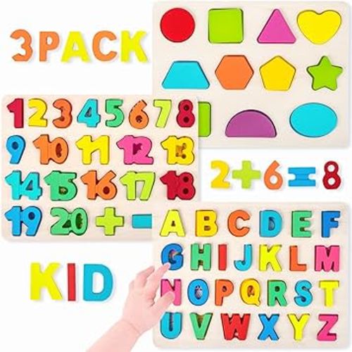 Wooden Puzzles for Toddlers, Alphabet Puzzle and Number Shape Puzzle, 3 in 1 Preschool Educational Learning Toys with Chunky Wood ABC Puzzle Board for 2 3 4 5 Girls Boys Kindergarten Set of 3