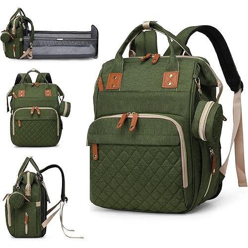 Diaper Bag with Changing Station, Waterproof 3 in 1 Baby Diaper Backpack with Foldable Changing Pad, Large Travel Back Pack for Girl Boy, Green