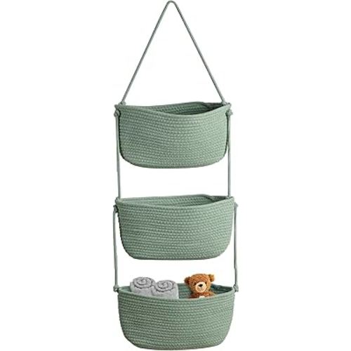 Over The Door Organizer Hanging Basket for Nursery Decor Stuffed Animal Storage Baskets Boho Wall Decor Basket for Bathroom Bedroom Playroom - Green