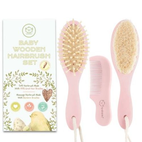 Keababies Baby Hair Brush, Natural Wooden Cradle Cap Brush With Soft Goat Bristle, Perfect Baby Hair Brush Set