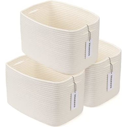 Cotton Rope storage Basket Bins Woven Basket for Organizing Shelves Rectangle Decorative Baskets For storage Clothes Toys Books Towels Square Wicker Nursery basket organizer 3 pack white