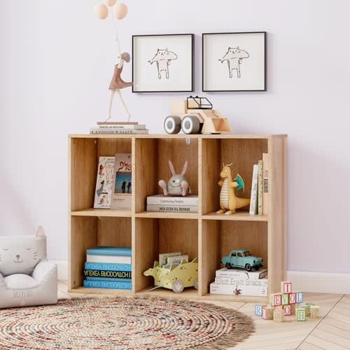 Chyanmoo White Bookshelf 6-Cube Storage Organizer | Open Cubby Shelving Unit with Extra Thick Edges - Space-Saving Wooden Shelf for Home Office & Display Storage (Wood Color)