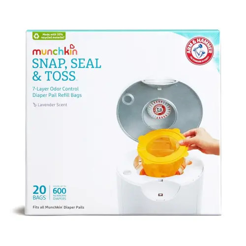 Munchkin® Arm & Hammer Diaper Pail Snap, Seal & Toss™ Refill Bags, Holds up to 600 Newborn Diapers, 20 Pack