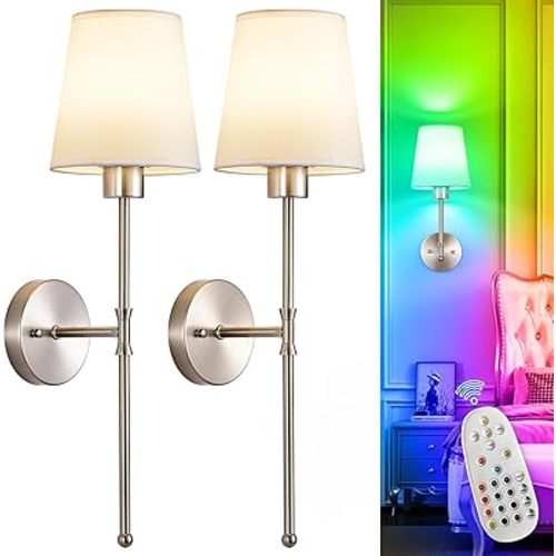 Depuley Battery Operated Wall Sconce: Set of 2 Wireless Wall Lights with Remote for Bedroom - Rechargeable 15 Colors Brushed Nickel Wall Lamp for Living Room Hallway Decor