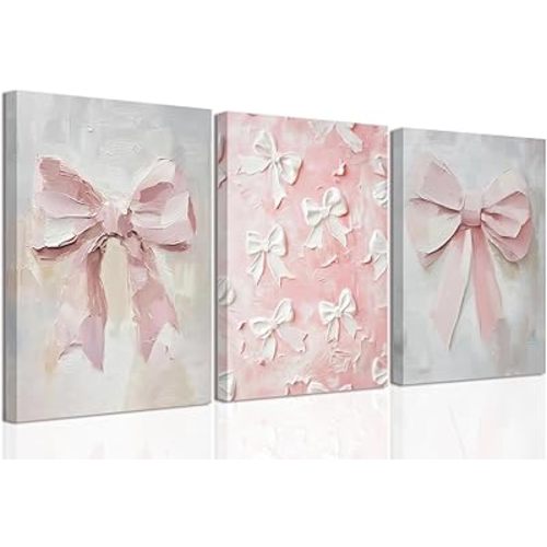 Pink Bow Canvas Wall Art Set of 3 Coquette Oil Painting Cute Bow Posters Wall Decor Trendy Preppy Print Picture for Back to School Bedroom Bathroom College Dorm 12x16 In Framed