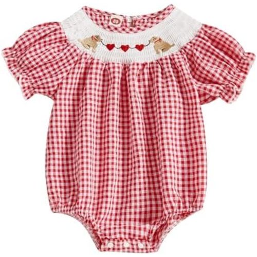 FIOMVA Toddler Baby Girl Clothes Summer Smocked Bubble Romper Embroidery Onesie Short Sleeve Bodysuit Cute Outfits