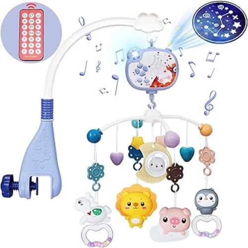Baby Mobiles for Cribs, Crib Mobile with Music and Lights, Nursery Musical Mobile for Bassinets Hanging Toys with Remote Control, Rotation, Projection, Animal Mobile Arm Clip On for Infant Boys Girls