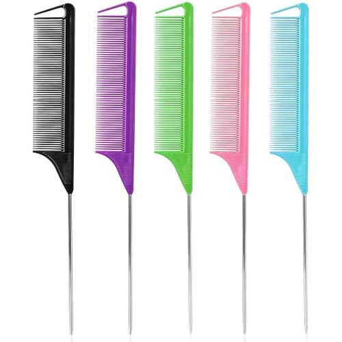 Professional Hair Styling Combs Set for Stylists: 5Pcs Metal Parting Combs for Braids and Teasing, Salon Quality, A Style