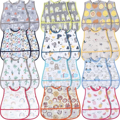 Jeyiour 12 Pcs Baby Waterproof Bibs with Food Catcher Adjustable Snaps Plastic Feeding Bibs for Toddlers, 6 to 36 Months