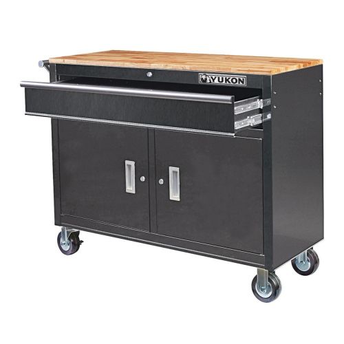 46 in. Mobile Workbench with Solid Wood Top, Black