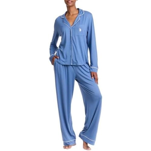 U.S. Polo Assn. Womens Pajama Set Long Sleeve Button Up Top and Pajama Pants
