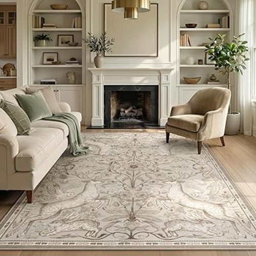 Lahome Dorval 6x9 Washable Deer Rug, Boho Cottagecore Neutral Area Rug, Non Slip Low Pile Soft Carpet for Living Room Dining Room Bedroom Office Nursery Farmhouse Home Decor Beige