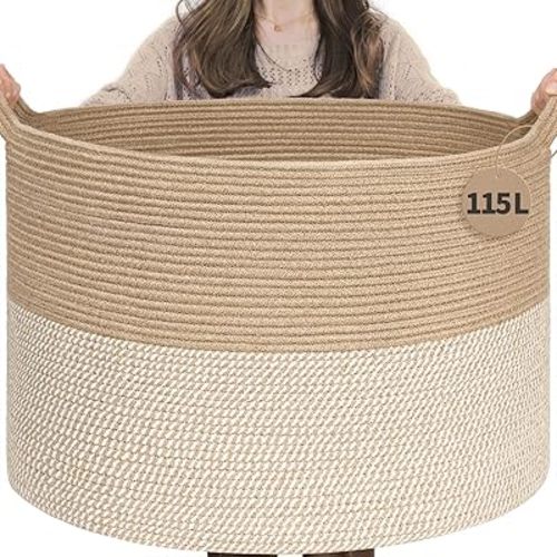 INDRESSME 115L Extra Large Woven Wicker Blanket Basket Living Room