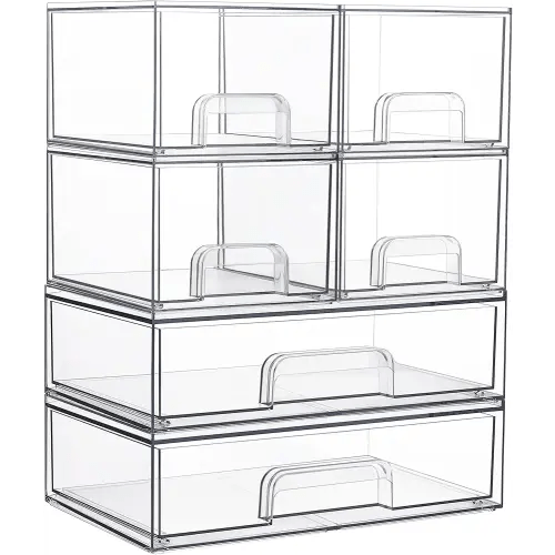 Vtopmart Stackable Storage Drawers Set of 6, Clear Plastic Organizer Bins for Bathroom Supplies,Ideal for Cabinet,Pantry,Laundry Room Organization