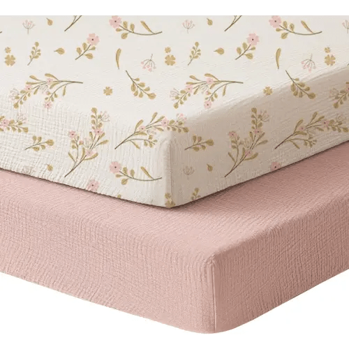 Konssy Muslin Mini Crib Sheets, 100% Soft Cotton Pack and Play Sheets for Pack N Play Mattress, Playard Baby Crib Sheets for Baby Girls (Floral, Pink)