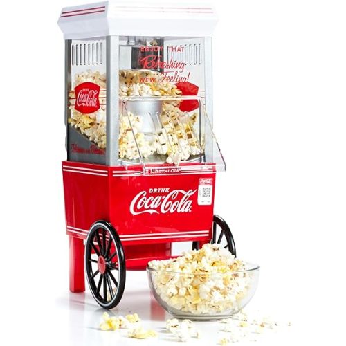 Nostalgia Maker 12 Cups Coca-Cola Hot Air Popcorn Machine with Measuring Cap, Oil Free, Vintage Movie Theater Style, White and Red
