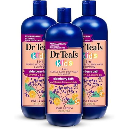 Dr Teal's Kids 3-in-1 Bubble Bath, Body Wash & Shampoo, Boost & Renew Elderberry with Vitamin C, 20 fl oz. (Pack of 3)
