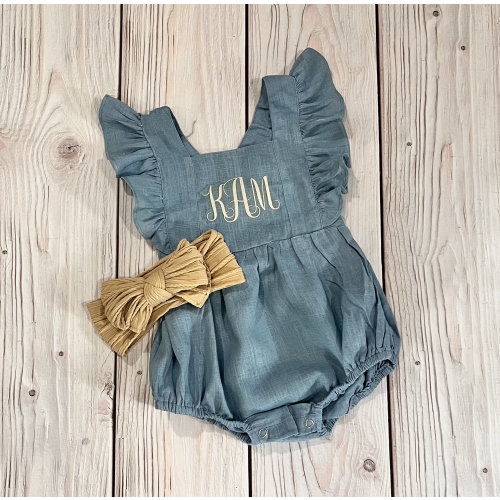 Baby girl blue linen romper, personalized baby romper, dusty blue romper, baby girl summer romper, adjustable romper, beige romper, outfit