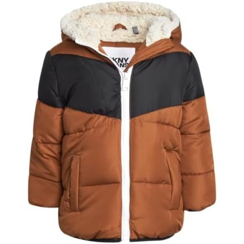DKNY Baby Infant Boys' Puffer Jacket - Toddler Puffer Coat Full Zip Up Sherpa Lined Quilted Hooded Jacket (Sizes: 12M-4T)