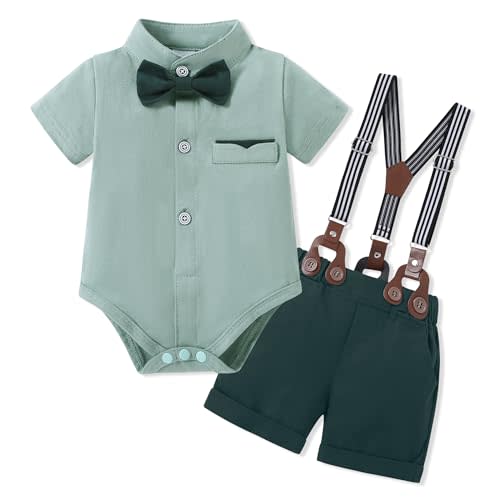 SOLOYEE Baby Boy Clothes Suits 3-24M Infant Gentleman Wedding Outfits, Short Sleeve Shirt + Bowtie + Suspender Shorts Set