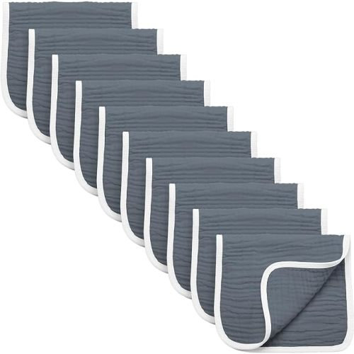 Synrroe Burp Cloths Large, Muslin Burp Cloths for Baby Girls and Boys, Pack of 10 Extra Absorbent and Soft Muslin Bibs, 6 Layers 20 by 10 Inches 100% Cotton (Dark Grey 10 Pack) - Large 10 Pack