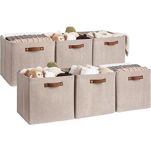 StorageWorks 13x13 Inches Storage Cube, Fabric Storage Bins with PU Handles, Collapsible Organizer Baskets for Closet, Brown and Beige, 6-Pack