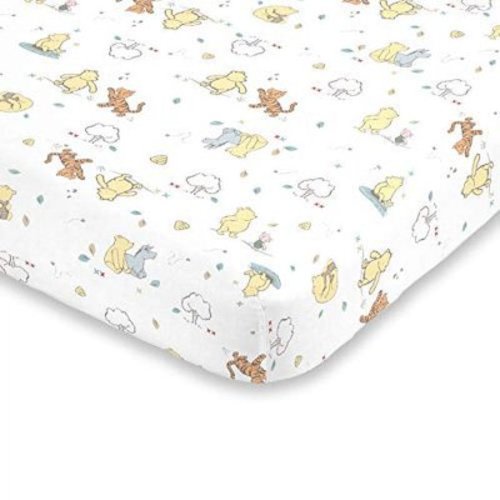 Disney Winnie The Pooh Classic Pooh 100% Cotton Fitted Mini Crib Sheet, Ivory, Butter, Aqua, Orange , 38x24x6 Inch (Pack of 1)