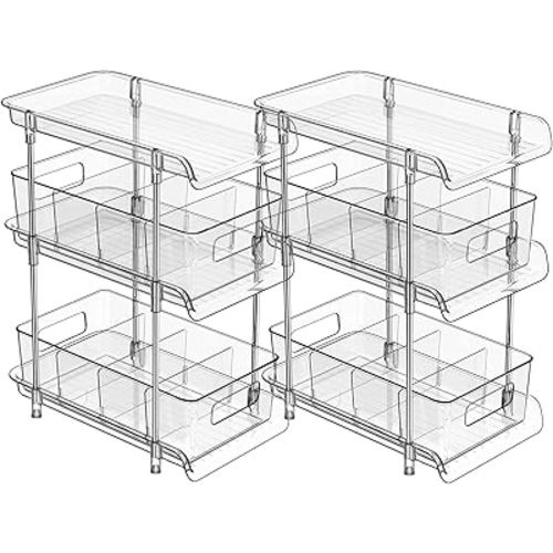 2Set 3 Tier Clear Bathroom Organizer with Dividers, Pull-Out Pantry Organization and Storage, Multi-Purpose Under Sink Organizers and Storage, Vanity Skincare Cosmetic Closet Organizer Medicine Bins