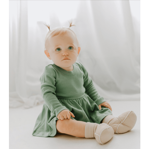 0-3 months Baby and Toddler Long-Sleeve Twirl Dress - Basil Green| 100% Organic - Finn + Emma