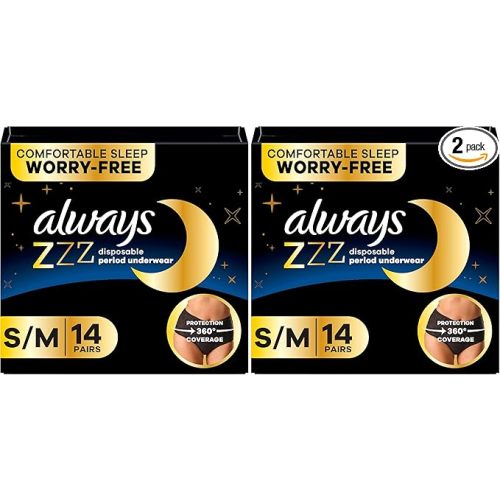 Always ZZZ Overnight Disposable Period Underwear for Women Small/Medium, 360° Coverage for Worry-Free Nights,14 Count (Pack of 2)