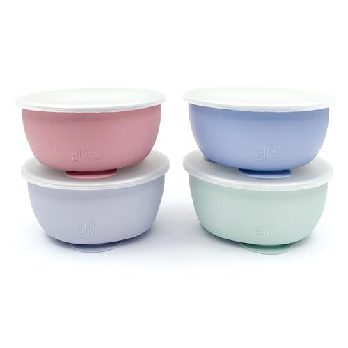 Elk and Friends Stainless Steel Bowls with Silicone Sleeve for Babies & Toddlers | Lids Included | Stay Put Suction | Cereal & Snack Bowls | 4 Pack
