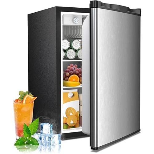 Antarctic Star 2.56 Cu.Ft. Mini Fridge with Freezer, Small Refrigerators with Adjustable Thermostat, Low Noise, Energy Saving, Compact Refrigerators for College Dorm, Office, Bedroom, Stainless Steel
