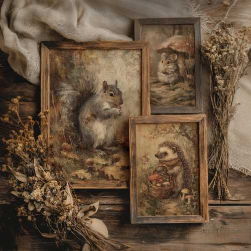 Set of 3 Fall Animal Prints | Cottagecore Decor, Woodland Nursery Wall Art, Vintage Animal Paintings, Rustic Autumn Gallery, Forest Wall Set