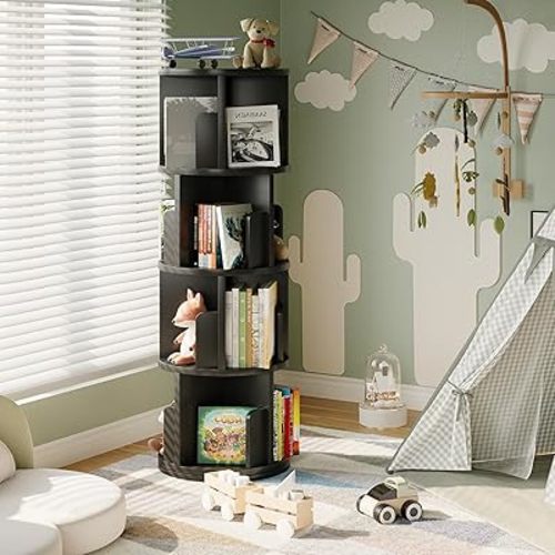 360° Rotating Bookcase, 4 Tier Small Corner Bookcase with a Footprint, Free Standing Bookshelf for Kids & Adults, Open Bookshelves Storage Organizer for Living Room, Bedroom (Black)