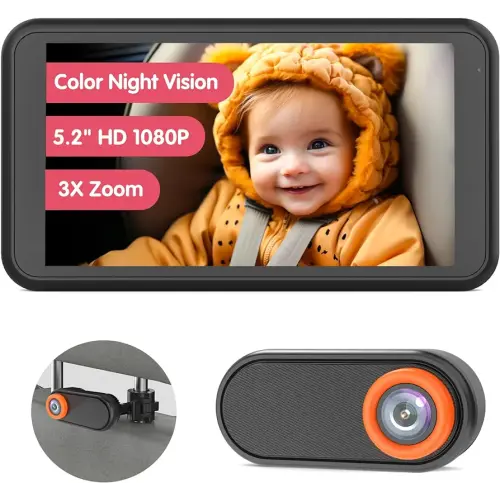 Car Camera for Baby, 5.2” 1080P Screen Baby Car Camera with Full-Color Night Vision, 360°Rotating Adjustable Car Baby Camera, Full Crystal Clear View for Back Seat Rear Facing (BM2)