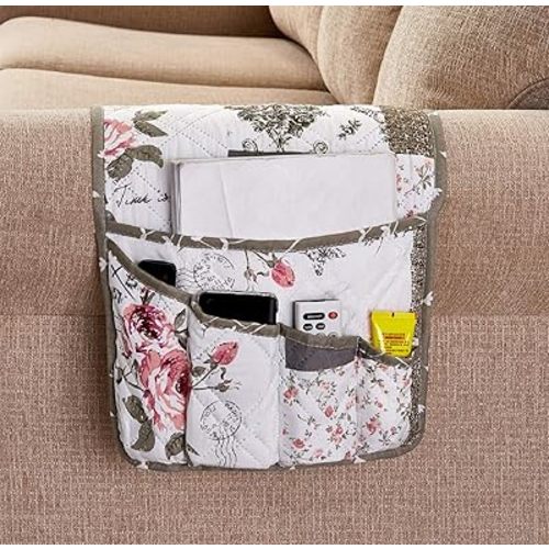 Brilliant Sunshine Rose and Toile Patchwork Couch Armrest 5 Pockets Organizer, Slip Resistant Armchair Caddy, Washable Remote Controls Holder, Storage for Magazine, Tablet, Phone, 35×13", Rose Grey