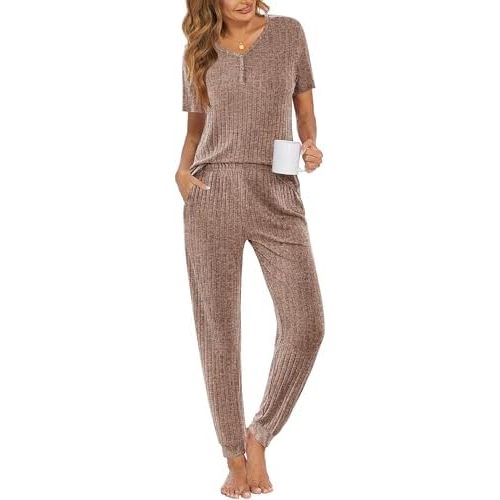 Ekouaer Pajama Sets for Womens Rib Knit Lounge Set Jogger Pants Short Sleeve Sleepwear 2 Piece Outfits Set with Pockets