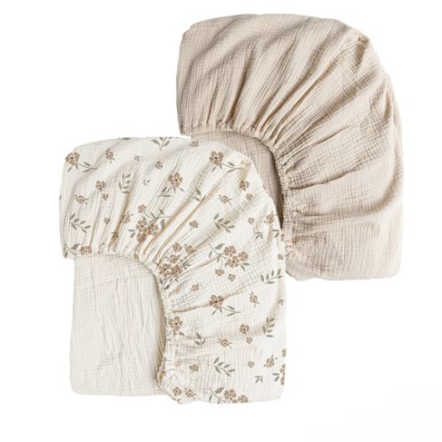 Konssy Muslin Crib Sheets for Girl Boy, 2 PCS Soft and Breathable Cotton Baby Sheets for Standard Crib Mattress, 52"x 28" (Blossom, Cream)
