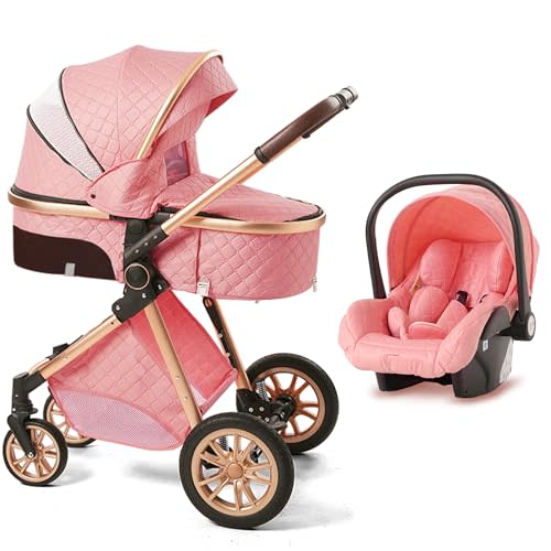 Luxury Pram High Landscape Stroller Folding Pushchair with Removable Bassinet for 0-36 Months Kids (Pink Without Base, 3in1 Without Base)