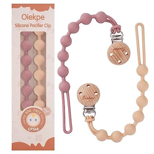 Pacifier Clips for Baby Boys Girl - 100% Food Grade Silicone, One Piece Pacifier Clip Holder, Wooden Clips Design, Paci Clip Soothe Baby Binky Holder for Shower Birthday Gift(Apricot+Powder Rose) - Round