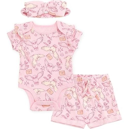 Harry Potter Baby Girls Ribbed Bodysuit, Shorts & Headband 3 Piece Outfit Set Newborn to Infant Sizes (Newborn - 24 Months)