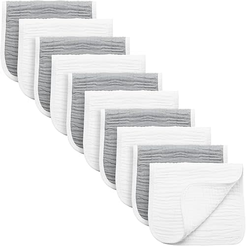 Synrroe Burp Cloths Large, Muslin Burp Cloths for Baby Girls and Boys, Pack of 10 Extra Absorbent and Soft Muslin Bibs, 6 Layers 20 by 10 Inches 100% Cotton (Grey-White 10 Pack)