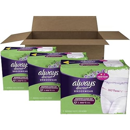 Always Discreet Incontinence & Postpartum Underwear for Women, Disposable, Maximum Absorbency, Large, 51 Count